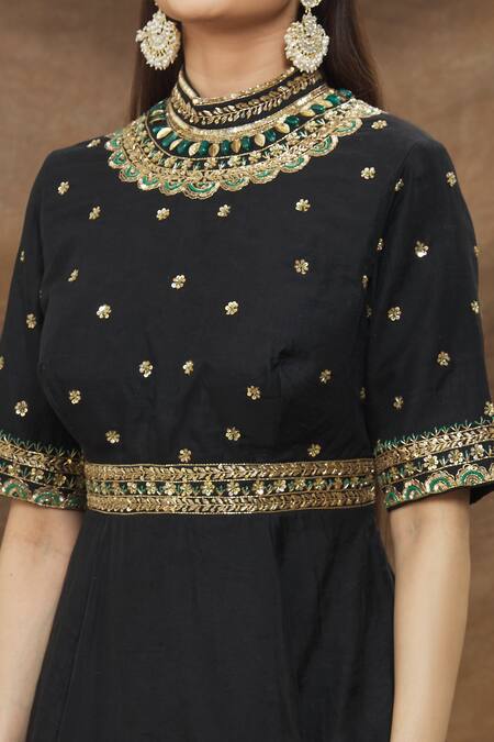 Kanj By Priyanka A Sakhuja_Black Silk, Chanderi Cut Work, Embroidery Collared Bodice Gown _at_Aza_Fashions