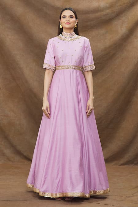 Kanj By Priyanka A Sakhuja_Purple Silk, Chanderi Embroidery Collared Gown With Dupatta _Online_at_Aza_Fashions