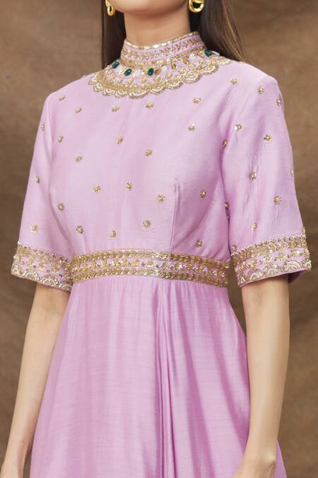 Buy_Kanj By Priyanka A Sakhuja_Purple Silk, Chanderi Embroidery Collared Gown With Dupatta _Online_at_Aza_Fashions
