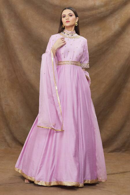 Shop_Kanj By Priyanka A Sakhuja_Purple Silk, Chanderi Embroidery Collared Gown With Dupatta _Online_at_Aza_Fashions