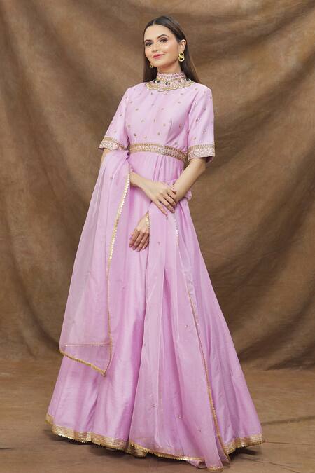 Kanj By Priyanka A Sakhuja_Purple Silk, Chanderi Embroidery Collared Gown With Dupatta _at_Aza_Fashions