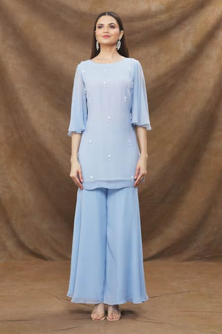 Kanj By Priyanka A Sakhuja_Blue Viscose Georgette Embroidery 3d Pearls Round Kurta Gharara Set _Online_at_Aza_Fashions