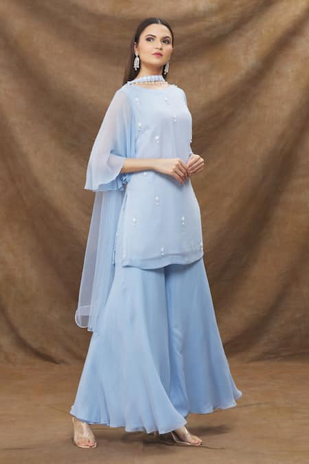Buy_Kanj By Priyanka A Sakhuja_Blue Viscose Georgette Embroidery 3d Pearls Round Kurta Gharara Set _Online_at_Aza_Fashions
