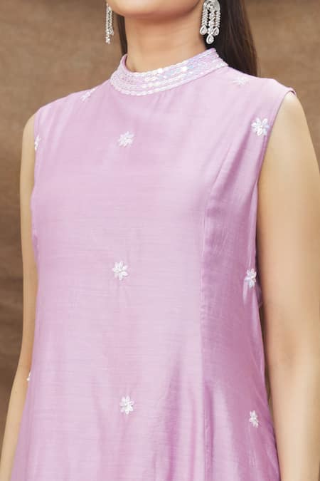 Buy_Kanj By Priyanka A Sakhuja_Purple Silk, Chanderi Pearls, Cut Work, Embroidery High Neck Kurta Palazzo Set _Online_at_Aza_Fashions