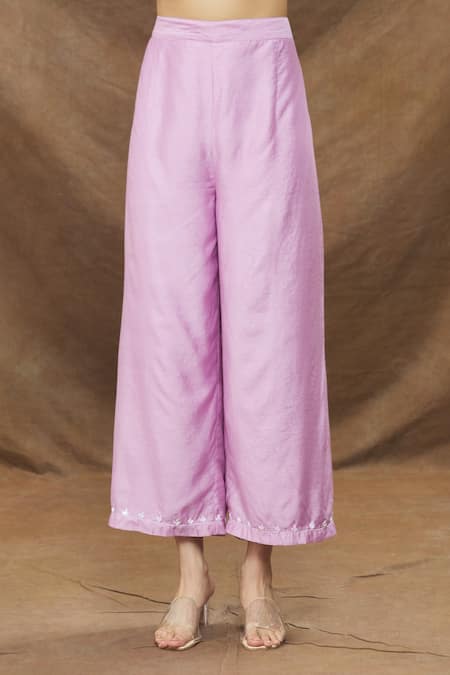 Kanj By Priyanka A Sakhuja_Purple Silk, Chanderi Pearls, Cut Work, Embroidery High Neck Kurta Palazzo Set _at_Aza_Fashions