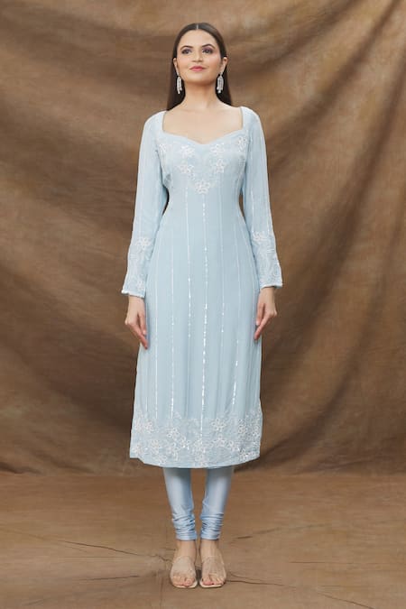 Kanj By Priyanka A Sakhuja_Blue Crepe, Lycra, Organza Embroidery Sweetheart Neck Kurta Churidar Set _at_Aza_Fashions