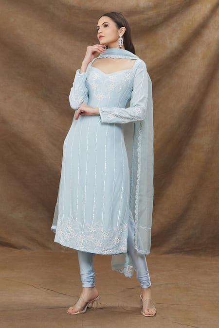 Kanj By Priyanka A Sakhuja_Blue Crepe, Lycra, Organza Embroidery Sweetheart Neck Kurta Churidar Set _Online_at_Aza_Fashions