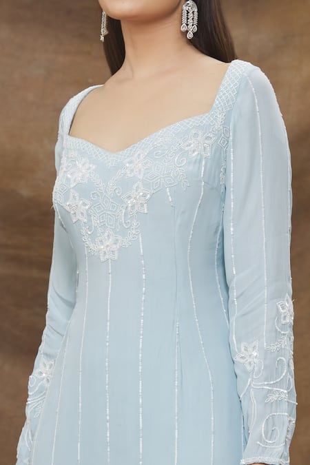 Buy_Kanj By Priyanka A Sakhuja_Blue Crepe, Lycra, Organza Embroidery Sweetheart Neck Kurta Churidar Set _Online_at_Aza_Fashions