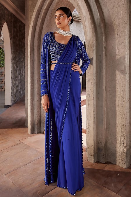 Nidhika Shekhar_Blue Silk, Crepe, Georgette Cut Jalsa Border Pre-draped Saree Set With Cape _Online_at_Aza_Fashions