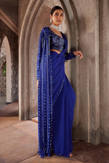 Buy_Nidhika Shekhar_Blue Silk, Crepe, Georgette Cut Jalsa Border Pre-draped Saree Set With Cape _Online_at_Aza_Fashions