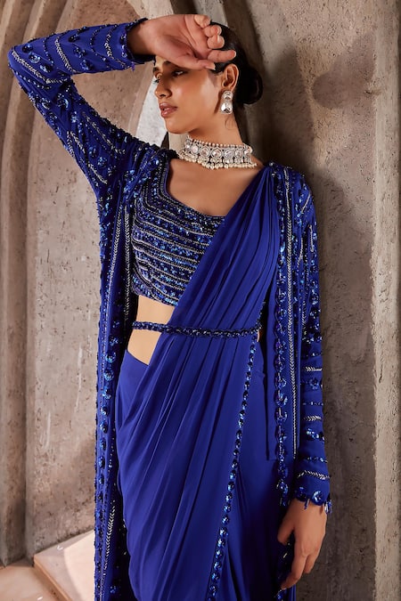 Buy_Nidhika Shekhar_Blue Silk, Crepe, Georgette Cut Jalsa Border Pre-draped Saree Set With Cape 