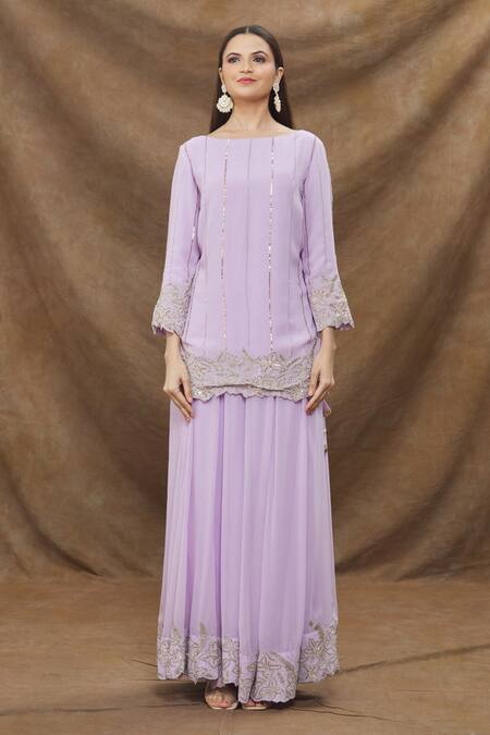 Kanj By Priyanka A Sakhuja_Purple Silk Organza, Silk, Georgette Embroidered Lilac Kurta Sharara Set _Online_at_Aza_Fashions