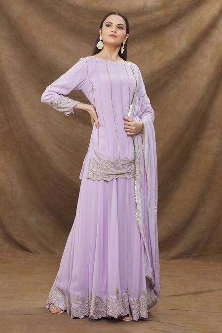 Buy_Kanj By Priyanka A Sakhuja_Purple Silk Organza, Silk, Georgette Embroidered Lilac Kurta Sharara Set _Online_at_Aza_Fashions