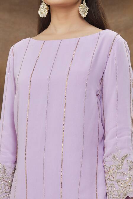 Shop_Kanj By Priyanka A Sakhuja_Purple Silk Organza, Silk, Georgette Embroidered Lilac Kurta Sharara Set _Online_at_Aza_Fashions
