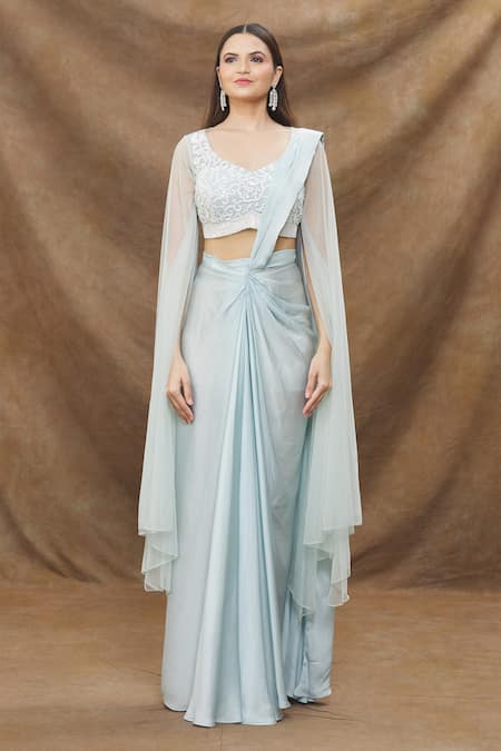 Kanj By Priyanka A Sakhuja_Blue Silk Embroidery Pre-draped Saree With Cape Sleeved Blouse _at_Aza_Fashions
