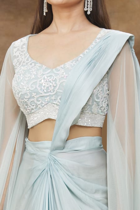 Buy_Kanj By Priyanka A Sakhuja_Blue Silk Embroidery Pre-draped Saree With Cape Sleeved Blouse _Online_at_Aza_Fashions
