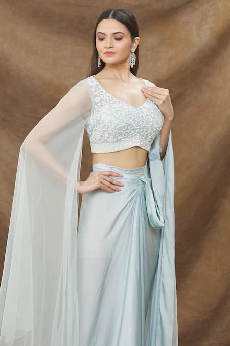 Shop_Kanj By Priyanka A Sakhuja_Blue Silk Embroidery Pre-draped Saree With Cape Sleeved Blouse _Online_at_Aza_Fashions