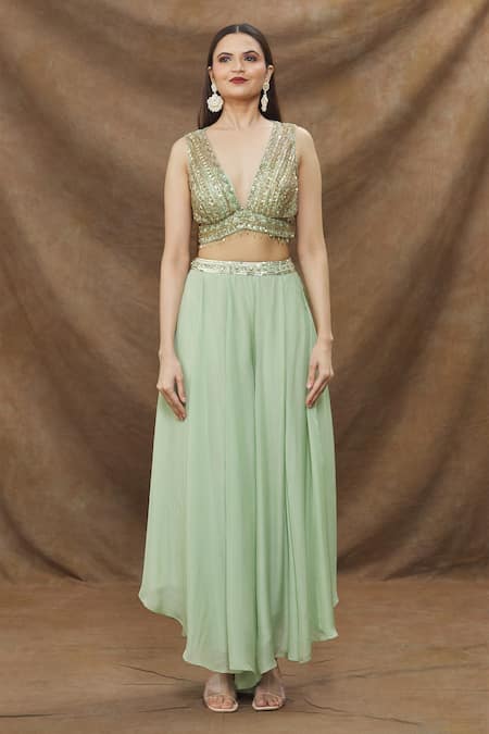 Kanj by Priyanka A Sakhuja_Green Embellishment Sequins Cape Open Mint Tie And Dye Sharara Set _Online_at_Aza_Fashions