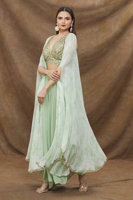 Buy_Kanj by Priyanka A Sakhuja_Green Embellishment Sequins Cape Open Mint Tie And Dye Sharara Set _Online_at_Aza_Fashions