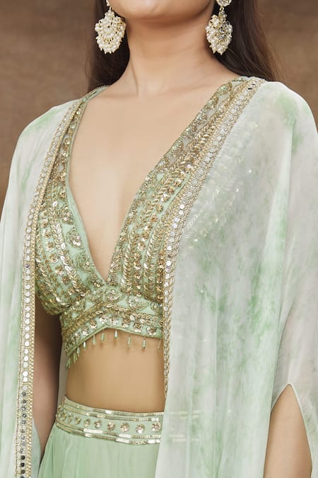Shop_Kanj by Priyanka A Sakhuja_Green Embellishment Sequins Cape Open Mint Tie And Dye Sharara Set _Online_at_Aza_Fashions