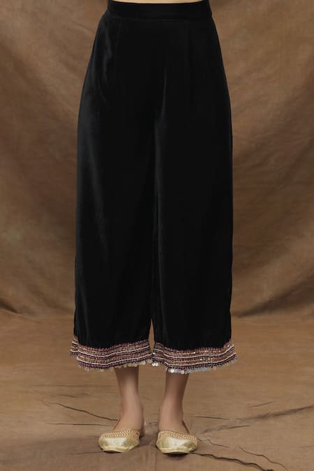 Kanj by Priyanka A Sakhuja_Black Velvet Embroidery 3d Coin Round Kurta Palazzo Set _at_Aza_Fashions