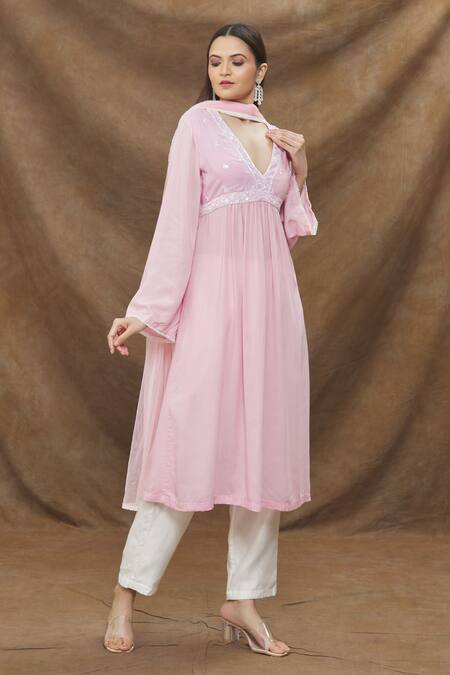 Shop_Kanj By Priyanka A Sakhuja_Pink Silk, Cotton Sequins, Cut Work V-neck Embroidered Neckline Kurta Pant Set _Online_at_Aza_Fashions