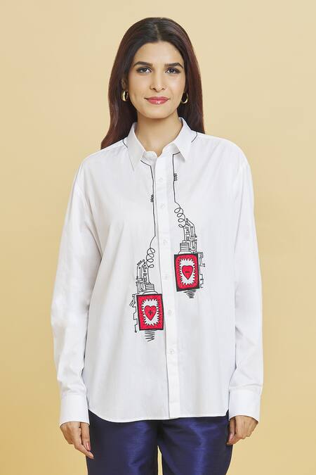 Aiman Ivory Cotton Embroidery Collared Love Battery Shirt Online at Aza Fashions Aiman_Ivory Cotton Embroidery Collared Love Battery Shirt_Online_at_Aza_Fashions