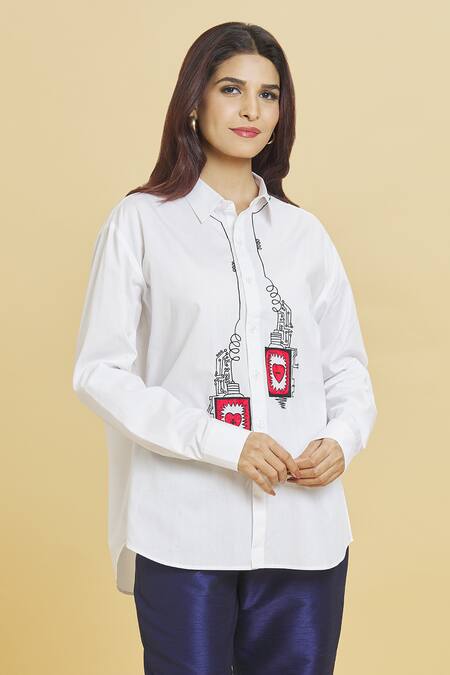 Buy Aiman Ivory Cotton Embroidery Collared Love Battery Shirt Online at Aza Fashions Buy_Aiman_Ivory Cotton Embroidery Collared Love Battery Shirt_Online_at_Aza_Fashions