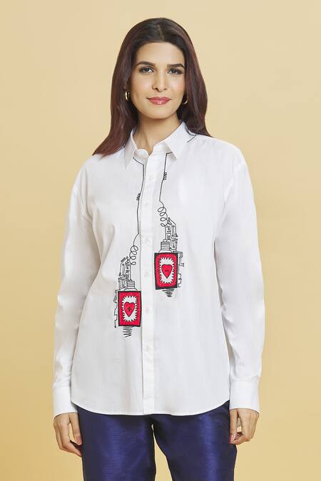 Shop Aiman Ivory Cotton Embroidery Collared Love Battery Shirt Online at Aza Fashions Shop_Aiman_Ivory Cotton Embroidery Collared Love Battery Shirt_Online_at_Aza_Fashions