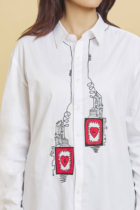 Aiman Ivory Cotton Embroidery Collared Love Battery Shirt at Aza Fashions Aiman_Ivory Cotton Embroidery Collared Love Battery Shirt_at_Aza_Fashions