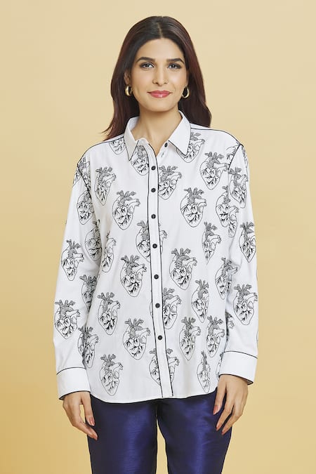 Buy Aiman Ivory Cotton Embroidery Shawl Neck Heart Pattern Shirt Online at Aza Fashions Buy_Aiman_Ivory Cotton Embroidery Shawl Neck Heart Pattern Shirt_Online_at_Aza_Fashions
