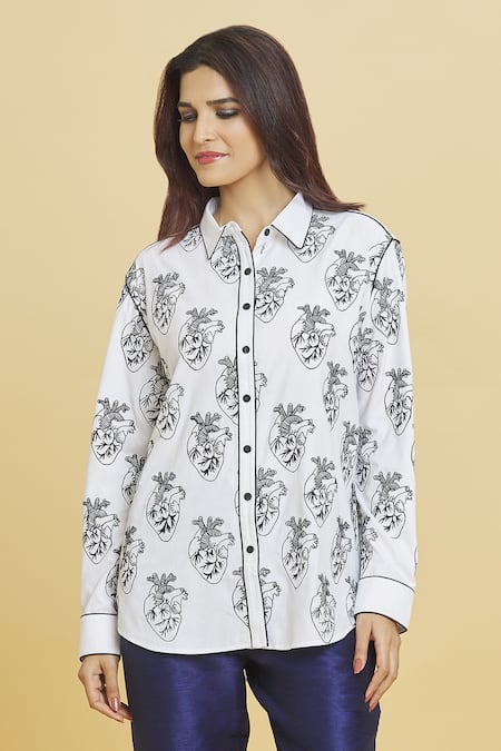 Shop Aiman Ivory Cotton Embroidery Shawl Neck Heart Pattern Shirt Online at Aza Fashions Shop_Aiman_Ivory Cotton Embroidery Shawl Neck Heart Pattern Shirt_Online_at_Aza_Fashions