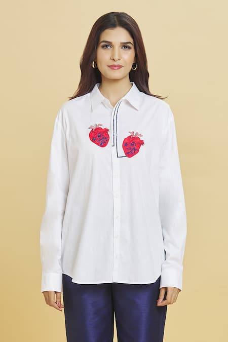 Aiman_Ivory Cotton Embroidery Collared Placed Heart Pattern Shirt_Online_at_Aza_Fashions