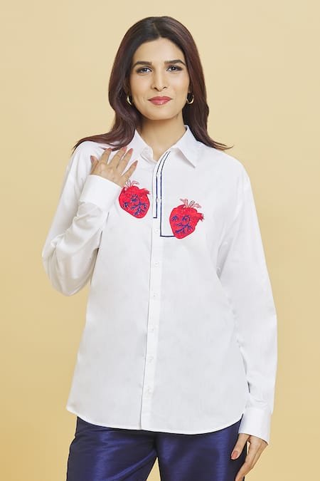 Buy_Aiman_Ivory Cotton Embroidery Collared Placed Heart Pattern Shirt_Online_at_Aza_Fashions