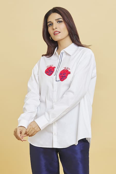Shop_Aiman_Ivory Cotton Embroidery Collared Placed Heart Pattern Shirt_Online_at_Aza_Fashions