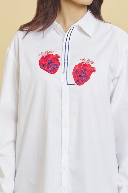 Aiman_Ivory Cotton Embroidery Collared Placed Heart Pattern Shirt_at_Aza_Fashions