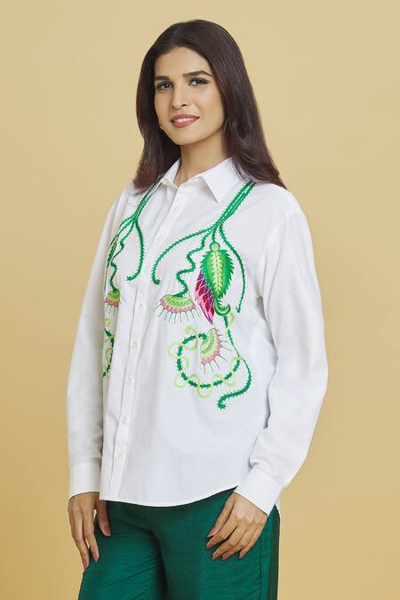 Shop_Aiman_Ivory Cotton Embroidery Collared Tropical Plant Shirt_Online_at_Aza_Fashions