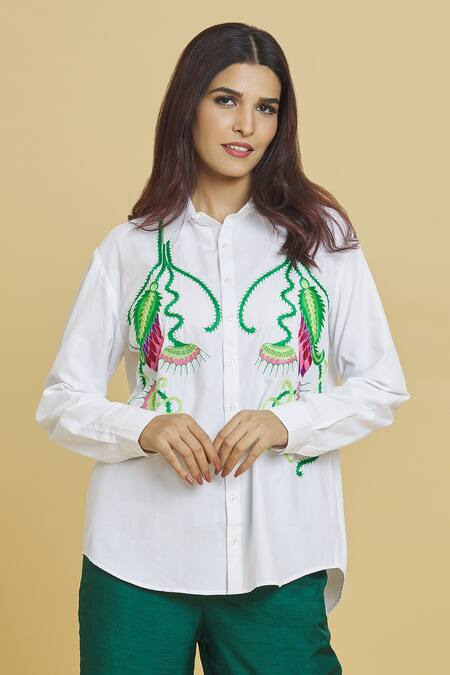 Buy_Aiman_Ivory Cotton Embroidery Collared Tropical Plant Shirt_Online_at_Aza_Fashions