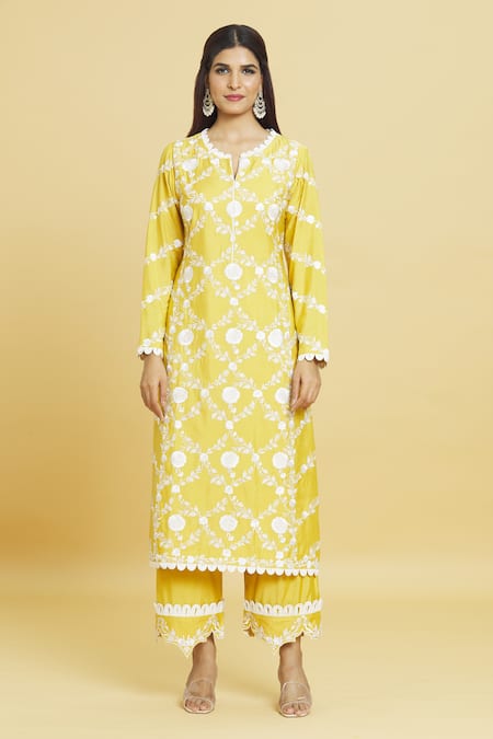 Aiman_Yellow Cotton, Silk Lace, Embroidery Collared Thread Kurta Pant Set_Online_at_Aza_Fashions