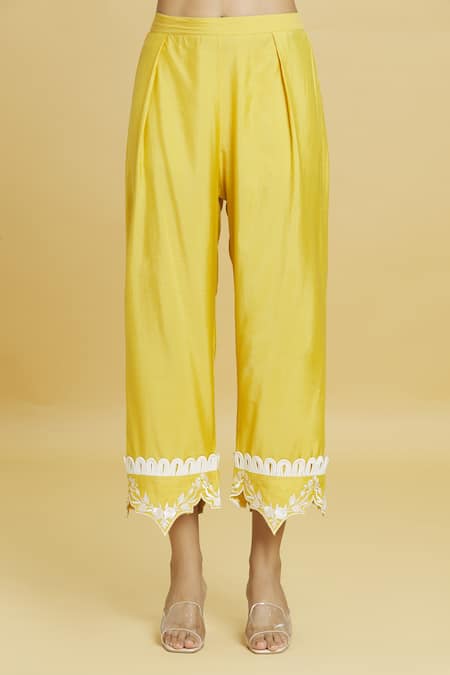 Shop_Aiman_Yellow Cotton, Silk Lace, Embroidery Collared Thread Kurta Pant Set_Online_at_Aza_Fashions