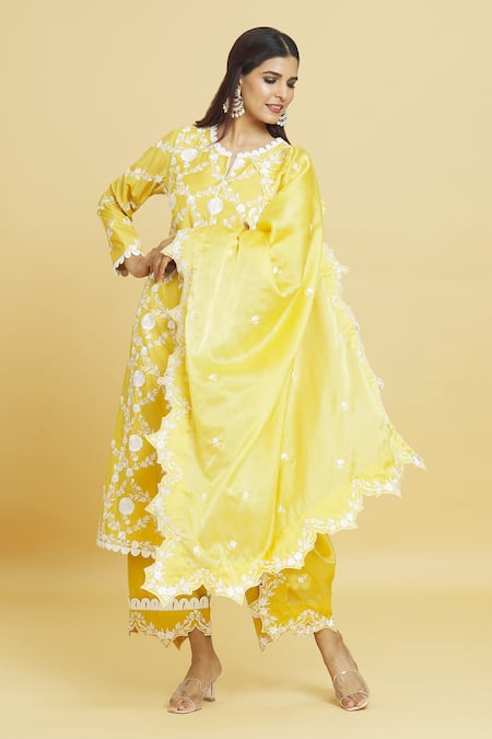Aiman_Yellow Cotton, Silk Lace, Embroidery Collared Thread Kurta Pant Set_at_Aza_Fashions