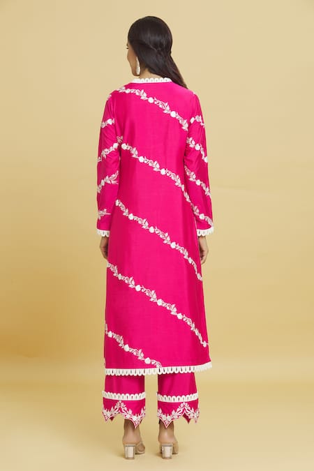 Shop Aiman Pink Cotton Satin, Cotton, Silk Lace, Embroidery Split Blossom Kurta Pant Set at Aza Fashions Shop_Aiman_Pink Cotton Satin, Cotton, Silk Lace, Embroidery Split Blossom Kurta Pant Set_at_Aza_Fashions