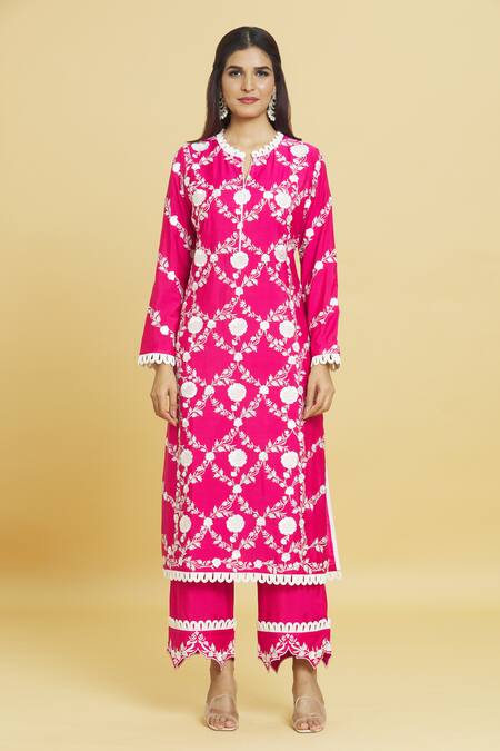 Aiman Pink Cotton Satin, Cotton, Silk Lace, Embroidery Split Blossom Kurta Pant Set Online at Aza Fashions Aiman_Pink Cotton Satin, Cotton, Silk Lace, Embroidery Split Blossom Kurta Pant Set_Online_at_Aza_Fashions