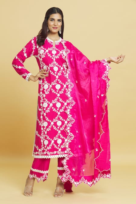 Aiman Pink Cotton Satin, Cotton, Silk Lace, Embroidery Split Blossom Kurta Pant Set at Aza Fashions Aiman_Pink Cotton Satin, Cotton, Silk Lace, Embroidery Split Blossom Kurta Pant Set_at_Aza_Fashions