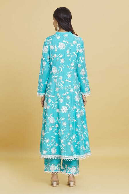 Shop Aiman Blue Cotton, Silk Embroidery, Lace Mandarin Floral Jaali Anarkali Pant Set at Aza Fashions Shop_Aiman_Blue Cotton, Silk Embroidery, Lace Mandarin Floral Jaali Anarkali Pant Set_at_Aza_Fashions