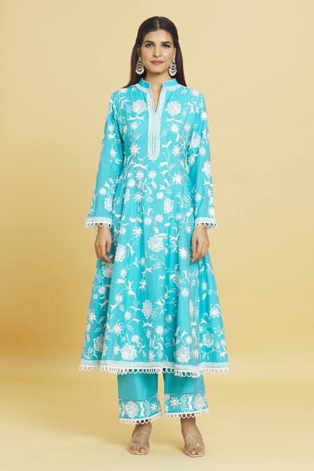 Aiman Blue Cotton, Silk Embroidery, Lace Mandarin Floral Jaali Anarkali Pant Set Online at Aza Fashions Aiman_Blue Cotton, Silk Embroidery, Lace Mandarin Floral Jaali Anarkali Pant Set_Online_at_Aza_Fashions