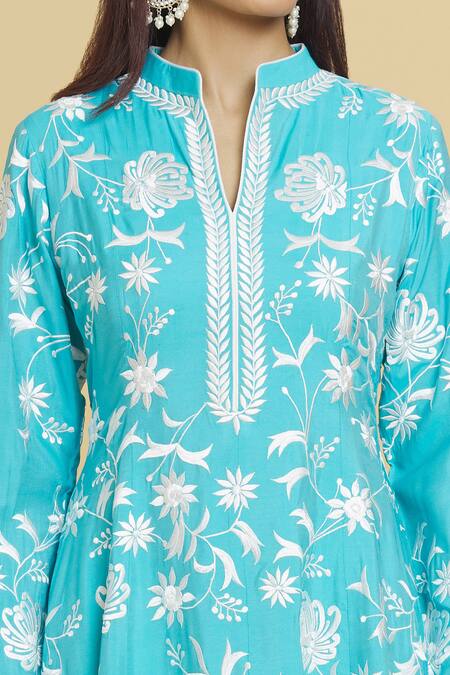 Buy Aiman Blue Cotton, Silk Embroidery, Lace Mandarin Floral Jaali Anarkali Pant Set Online at Aza Fashions Buy_Aiman_Blue Cotton, Silk Embroidery, Lace Mandarin Floral Jaali Anarkali Pant Set_Online_at_Aza_Fashions