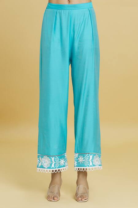 Shop Aiman Blue Cotton, Silk Embroidery, Lace Mandarin Floral Jaali Anarkali Pant Set Online at Aza Fashions Shop_Aiman_Blue Cotton, Silk Embroidery, Lace Mandarin Floral Jaali Anarkali Pant Set_Online_at_Aza_Fashions