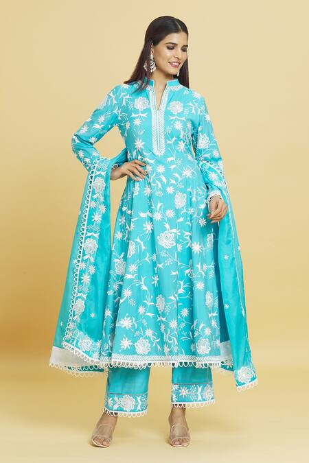 Aiman Blue Cotton, Silk Embroidery, Lace Mandarin Floral Jaali Anarkali Pant Set at Aza Fashions Aiman_Blue Cotton, Silk Embroidery, Lace Mandarin Floral Jaali Anarkali Pant Set_at_Aza_Fashions