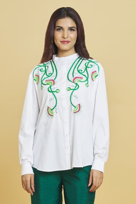 Aiman_Ivory Cotton Embroidery Bandeau Neck Venus Flytrap Shirt_Online_at_Aza_Fashions